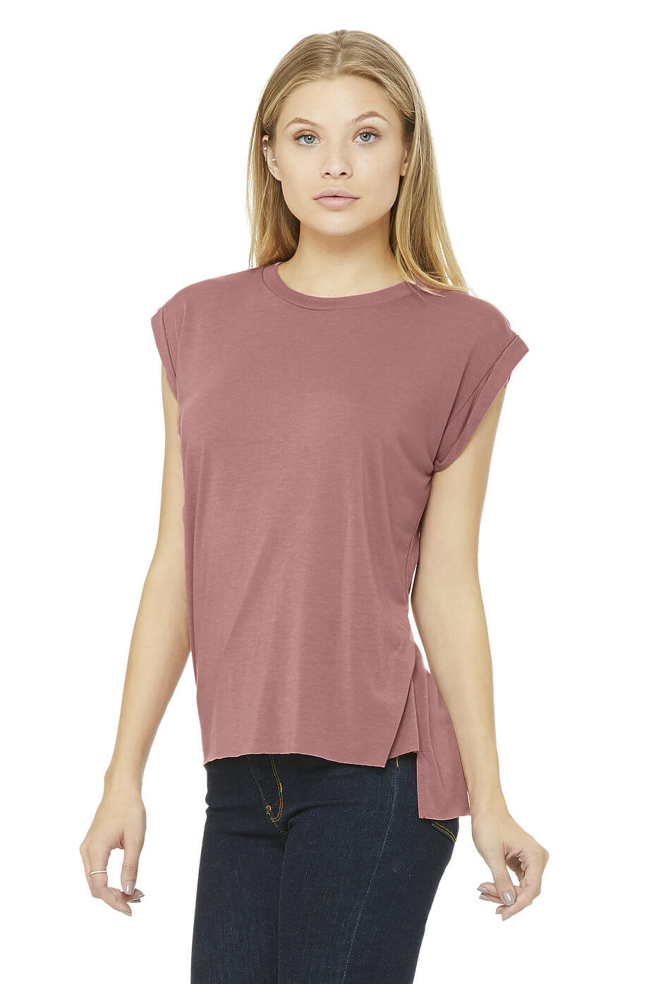 WOMEN'S FLOWY MUSCLE TEE WITH ROLLED CUFF